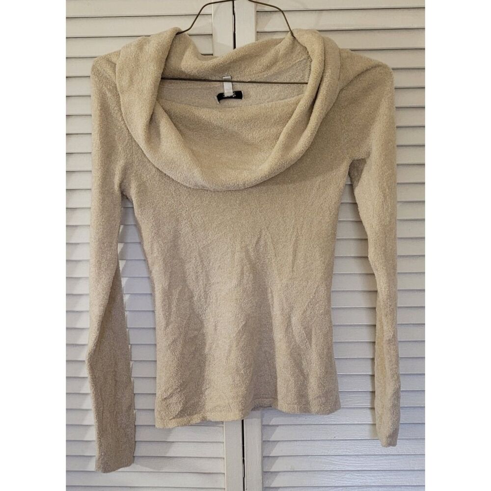 Vintage Cache Shimmering Beige Cowl Neck Sweater Fuzzy Knit Slim Pullover Flawed